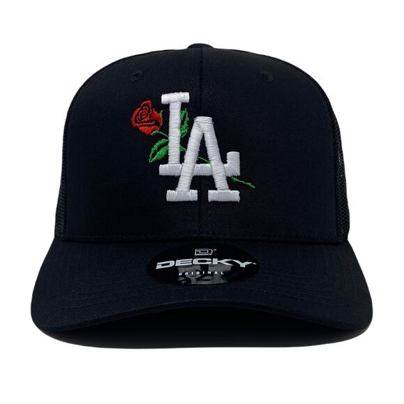 Los Angeles LA Rose Flower White Trucker Hat in Black - Picture 3 of 7